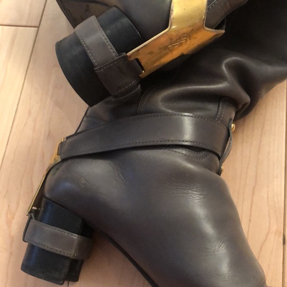 YSL Yves Saint Laurent Grey LEATHER BOOTS with Gold Hardware on the heel - Picture 14 of 14